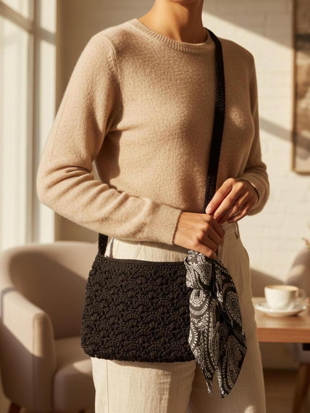 Black Crochet Crossbody Bag, Boho Shoulder Bag, Textured Handmade Style Purse
